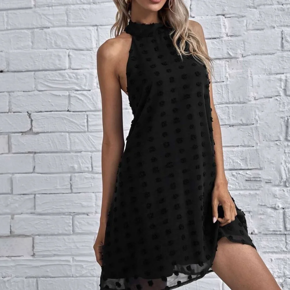 Boho Black Swiss Dot Halter Mini Dress - Picture 4 of 5